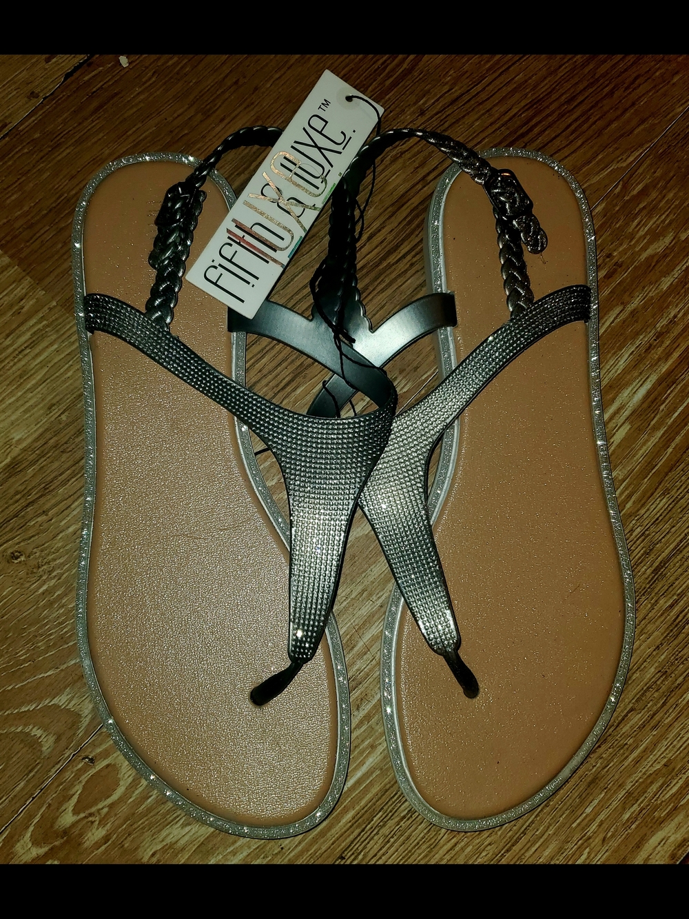 Fifth & Luxe Silver Sparkly Braided T-Strap Women's Sandals